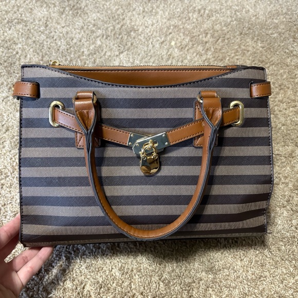 Adrienne Vittadini Brown and Tan Striped Satchel - Picture 1 of 3